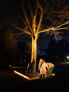 Menschen vor einem beleuchteten Baum. Um den Baum ist ein Holzpodest positioniert.