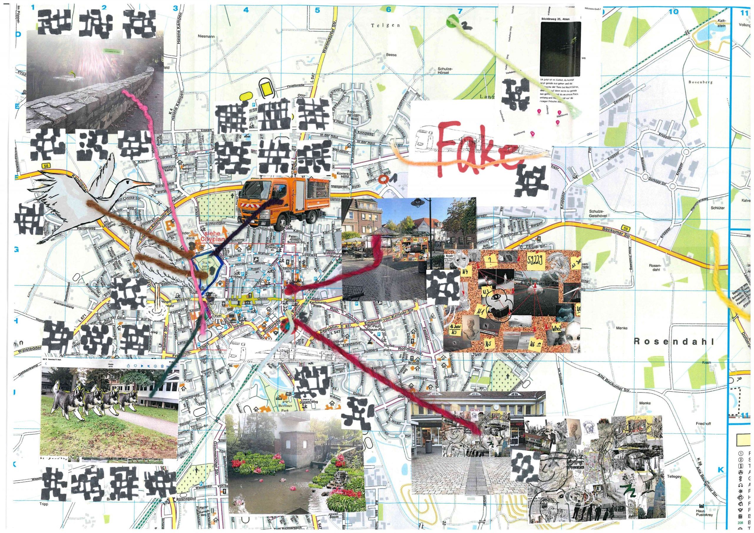 Ein Stadtplan von Ahlen. Darauf sind verschiedene Zeichnungen und Fotos eingefügt worden.
