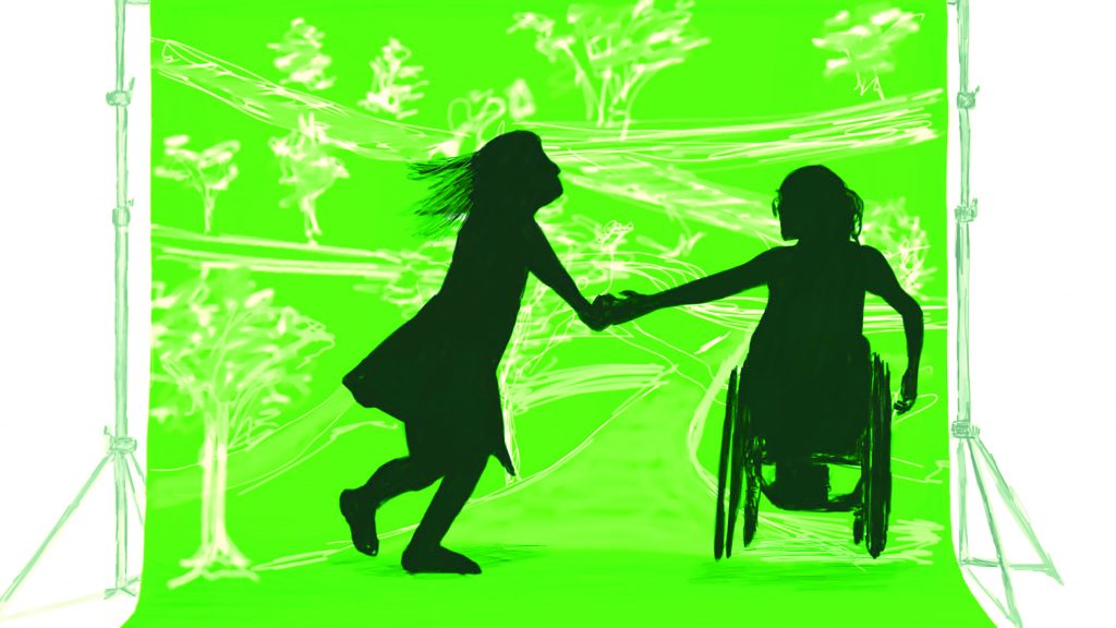 Zwei silhouetten von Menschen vor einem grünen Hintergrund. Die linke Silhouette springt leicht. Sie trägt ein Kleid. Die linke Silhouette sitzt in einem Rollstuhl. Beide Figuren halten sich an der Hand. Der Hintergrund zeigt skizzenhaft Bäume.