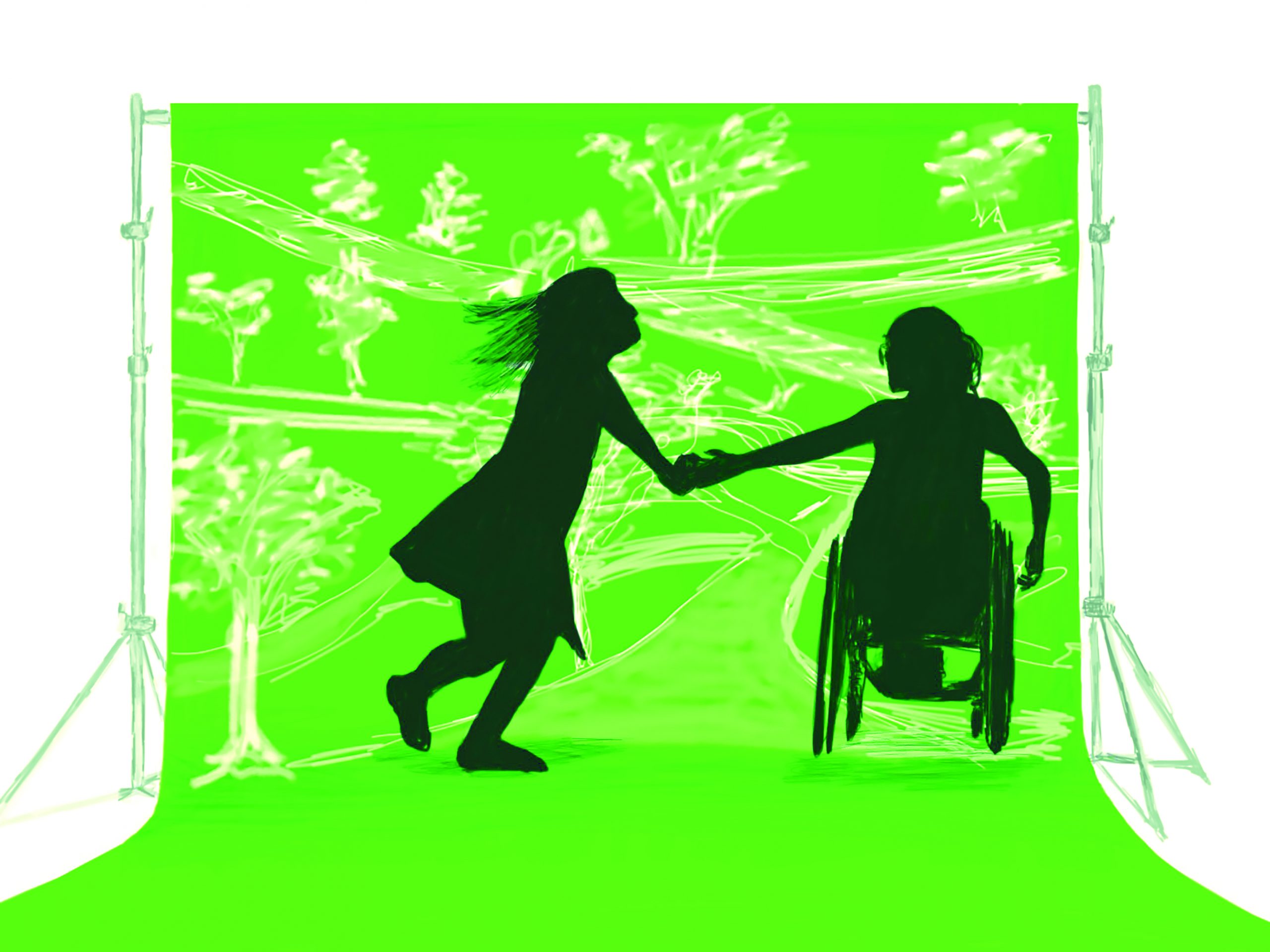 Zwei silhouetten von Menschen vor einem grünen Hintergrund. Die linke Silhouette springt leicht. Sie trägt ein Kleid. Die linke Silhouette sitzt in einem Rollstuhl. Beide Figuren halten sich an der Hand. Der Hintergrund zeigt skizzenhaft Bäume.